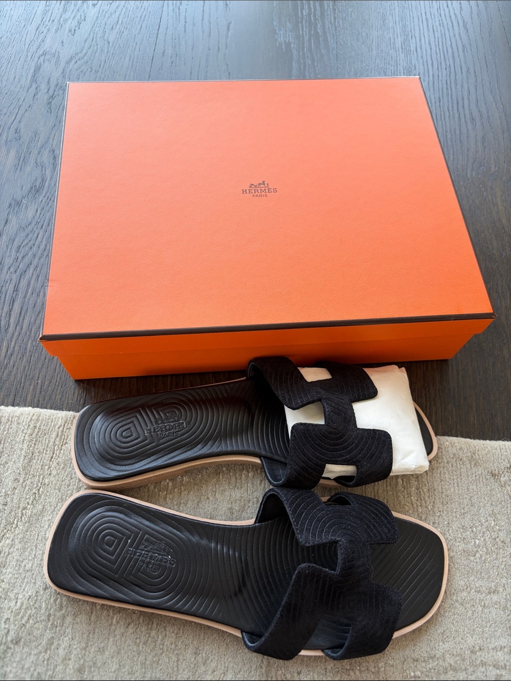 Hermes Black Suede Oran Slide Sandals with Tan Trim - Picture 1 of 3